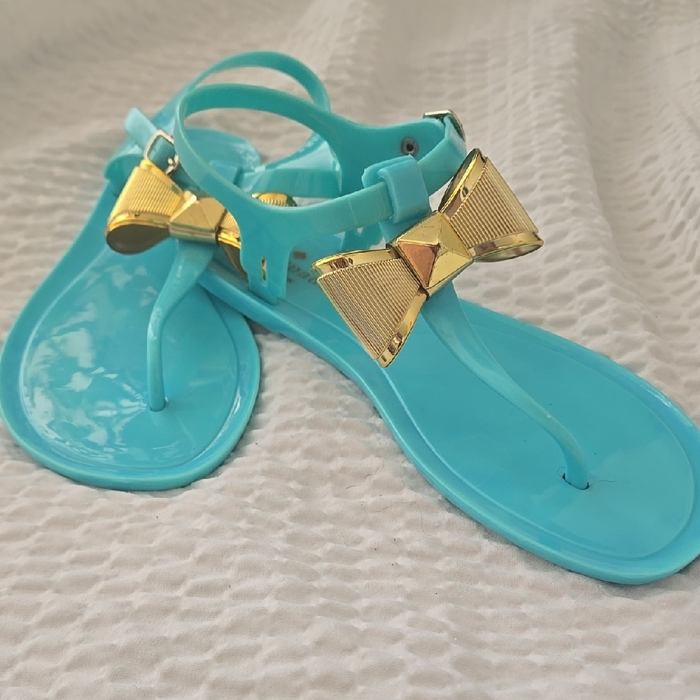 Kate Spade Blue and Gold Sandals with Bold Bow